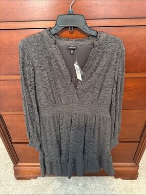 torrid gray Lace Long-Sleeve V-Neck Smocked Dress